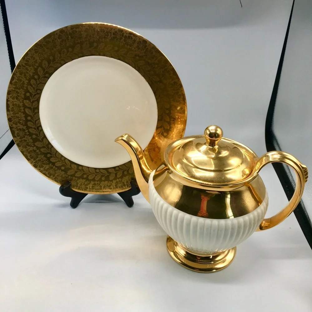 VTG 3Pc Royal Winston Grimwades Art Deco 22k Gold Teapot & Gold Rim Plate